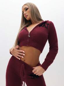 BABYPHAT Sudadera con capucha de punto suave con cremallera acortada para mujer, de manga larga, cuello en V, ajuste delgado, casual y de estar en casa para otoño e invierno - Burdeos - Ver 5