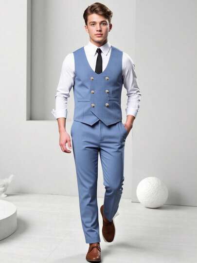 SHEIN 2pcs/Set Teen Boy Gentleman Outfit, Includes Slim Fit Collarless Double-Breasted Vest And Matching Trousers In Slate Blue, Elegant Business Formal Attire For Birthday, Wedding, Wedding Guest, Pageboy, Ring Bearer