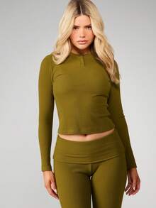 MISSGUIDED Camiseta de manga larga con cuello henley acanalado, esencial básica para capas en otoño e invierno - Verde - Ver 6