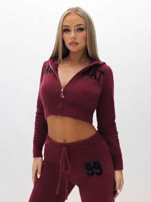 BABYPHAT Sudadera con capucha de punto suave con cremallera acortada para mujer, de manga larga, cuello en V, ajuste delgado, casual y de estar en casa para otoño e invierno - Burdeos - Ver 1