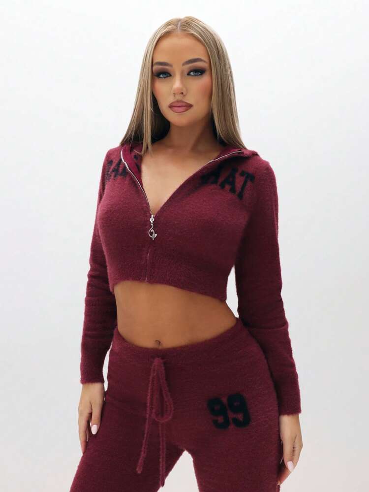 BABYPHAT 여성용 퍼지 니트 크롭 집업 후드티 가을 겨울 긴소매 브이넥 슬림핏 캐주얼 라운지 탑