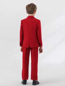 SHEIN 5pcs Tween Boys Suit Set - Notch Lapel Blazer + Single-Breasted Vest + Half-Elastic Waist Pants + Solid White Shirt + Tie, Suitable For Daily Wear, Awards Ceremony, Birthday Party, Wedding, Wedding Guest, Pageboy, Ring Boy - Red - View 2