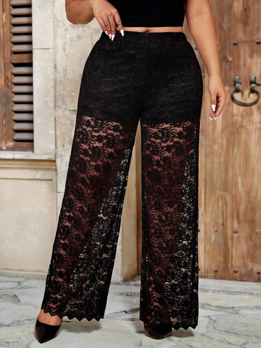 Calvaya 大码女式优雅蕾丝透视裤，适合派对穿着 - 黑色 - 查看 1