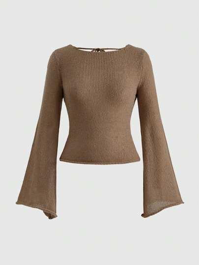 Top en tricot ajusté transparent avec manches évasées et design à lacets au dos pour femmes