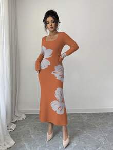 Elenzga 方领提花针织紧身腰毛衣连衣裙 - 鏽棕色 - 查看 3