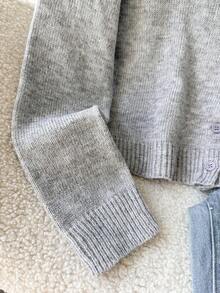 SHEIN Tween女孩寬鬆休閒極簡舒適圓領開襟素色秋季毛衣 - 灰色 - 查看 5