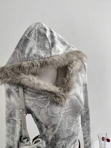 SHEIN Unity Đầm ngắn cổ lọ in họa tiết lá xám, phong cách tối giản, phù hợp mặc mùa thu/đông, thường ngày, đi học, tốt nghiệp, dạo phố cổ điển, giải trí, thể thao, mặc nhà - Xám - Xem 5