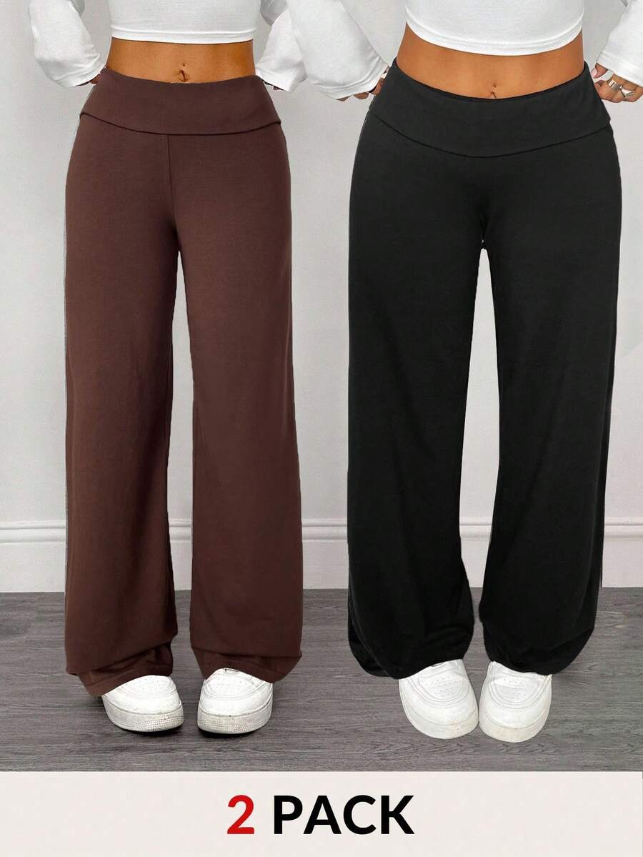 SHEIN PETITE 2条装女士休闲高腰翻边阔腿直筒裤，适合夏季穿着 - 彩色 - 查看 1