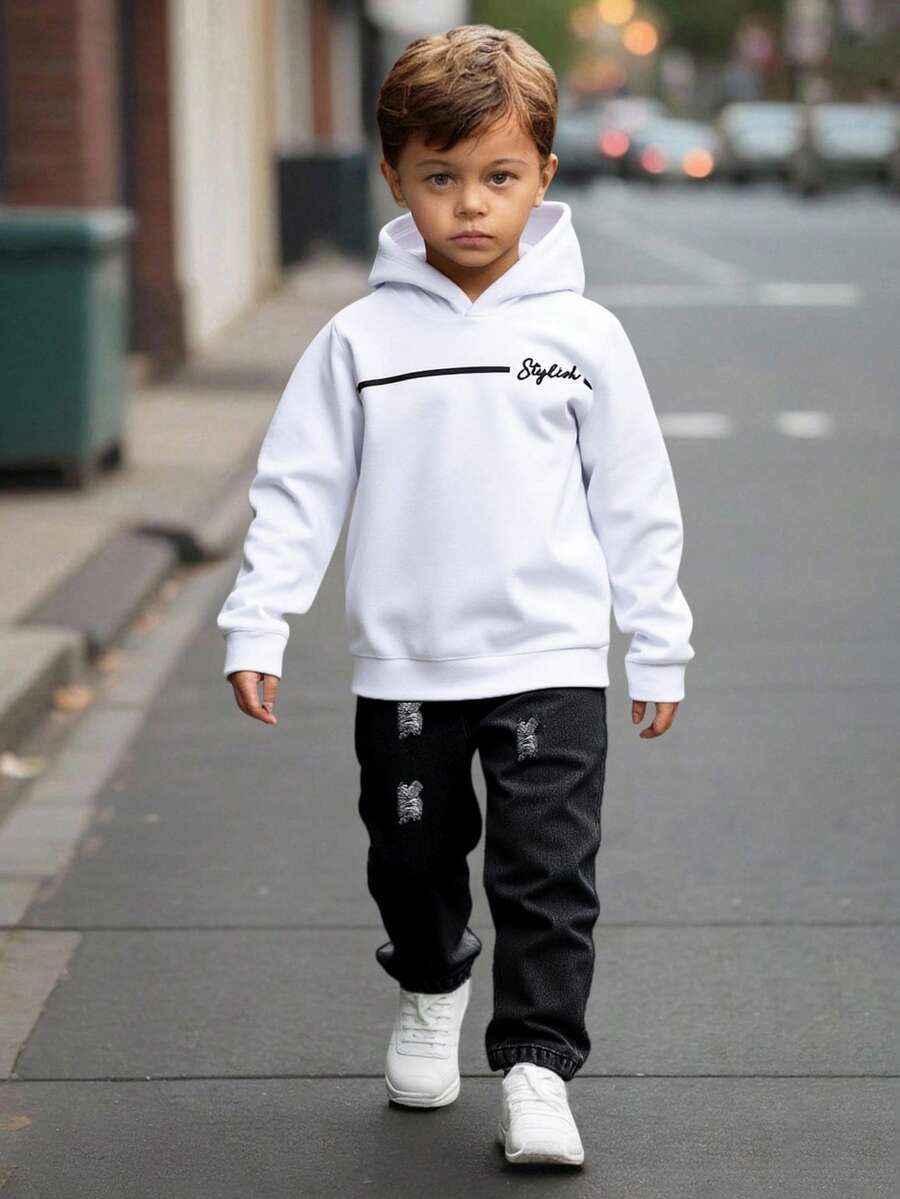 两件套儿童/青少年男童休闲百搭舒适小熊印花宽松连帽衫牛仔裤套装,白色上衣,宽松牛仔裤,可爱上衣,校服,返校服,牛仔裤,紧身牛仔裤,牛仔裤,基础款上衣,校园上衣,返校季 - 黑色 - 查看 1