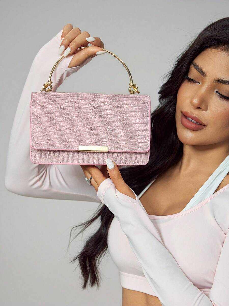 CUCCOO SZL 女士金屬手拿包,鏈條斜挎小方包,適用於晚宴派對,閃閃發光且時尚 - 粉色 - 查看 1