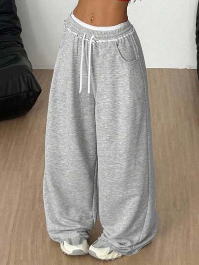 SHEIN Dívčí volné ležérní minimalistické pohodlné tepláky do poloviny pasu s kontrastní barvou a stahovací šňůrkou, podzim/zima