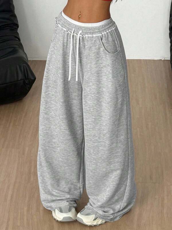 SHEIN Tween-Mädchen Lockere, lässige, minimalistische, bequeme Jogginghose mit mittelhoher Taille und kontrastfarbenem Kordelzugdekor, Herbst/Winter