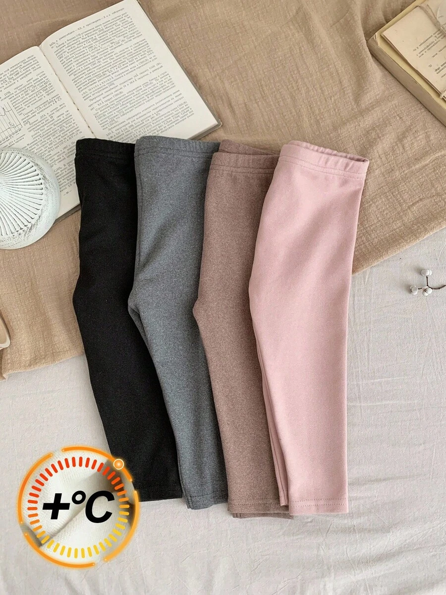 SHEIN LMoss Kids LMoss 4件套女婴可爱纯色弹力腰针织打底裤，秋冬季