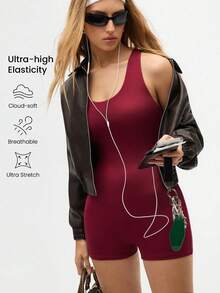 Eassivo Women's Sleeveless One Piece Yoga Romper,Burgundy Cut Out Back Athletic Workout Playsuit, Stretch Fitness Gym Bodysuit, Activewear For Women