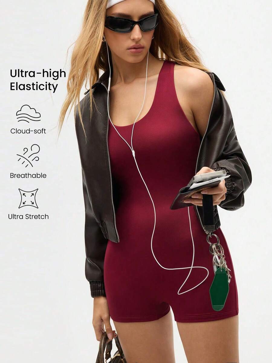 Eassivo Women's Sleeveless One Piece Yoga Romper,Burgundy Cut Out Back Athletic Workout Playsuit, Stretch Fitness Gym Bodysuit, Activewear For Women