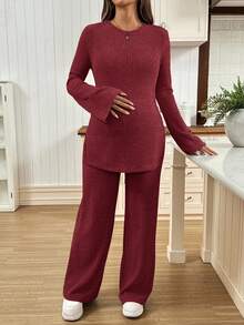 SHEIN 2pcs Maternity Solid Color Split Long Sleeve Top And Pants Casual Set - Burgundy - View 5