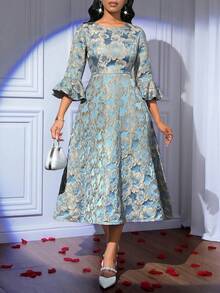 SHEIN Lady فستان أنيق للنساء بأكمام واسعة وطبعات جاكارد متوسط الطول