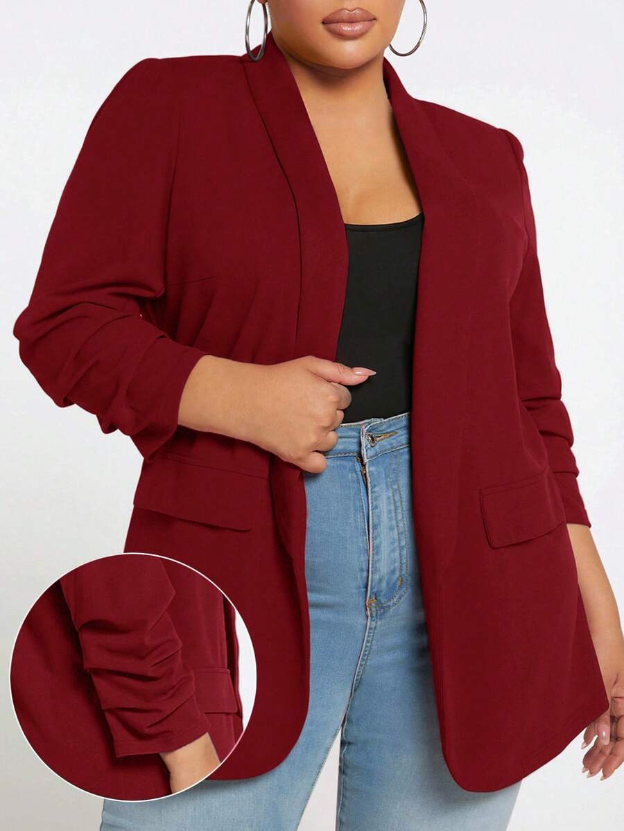 SHEIN CURVE+ Áo blazer tay lửng 3/4 cổ bẻ dáng suông, cỡ lớn, thích hợp cho mùa Thu/Đông. - Màu Đỏ Sâu - Xem 1
