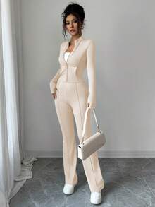 INAWLY Women's Tight-Fitting Zip-Up Cropped Jacket With Mandarin Collar And Flared Pants 2 Pieces Set - Apricot - View 6