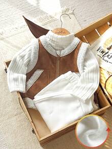 Vintaside Kids 3pcs/Set Baby Boys Autumn/Winter New 2025 Plush Rib Fabric High Collar Long Sleeve T-Shirt, Drawstring Pants, Thermal Lined Zip-Up Cardigan & Vest 3-Piece Outfit, Street Fashion
