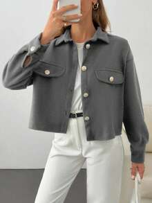 EURMUSE Solid Color, Gold Button Details, Coat - Light Grey - View 1