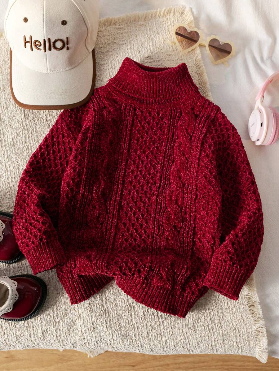 SHEIN 女童粉色高领毛衣，雪尼尔针织，时尚新款，休闲甜美学院风，面料柔软，高领设计，经典粉色调，质地温柔甜美，适合搭配裙子、休闲裤、可爱鞋子等各种场合，居家、旅行、度假、圣诞节、新年、万圣节等。 - 酒紅色 - 查看 1