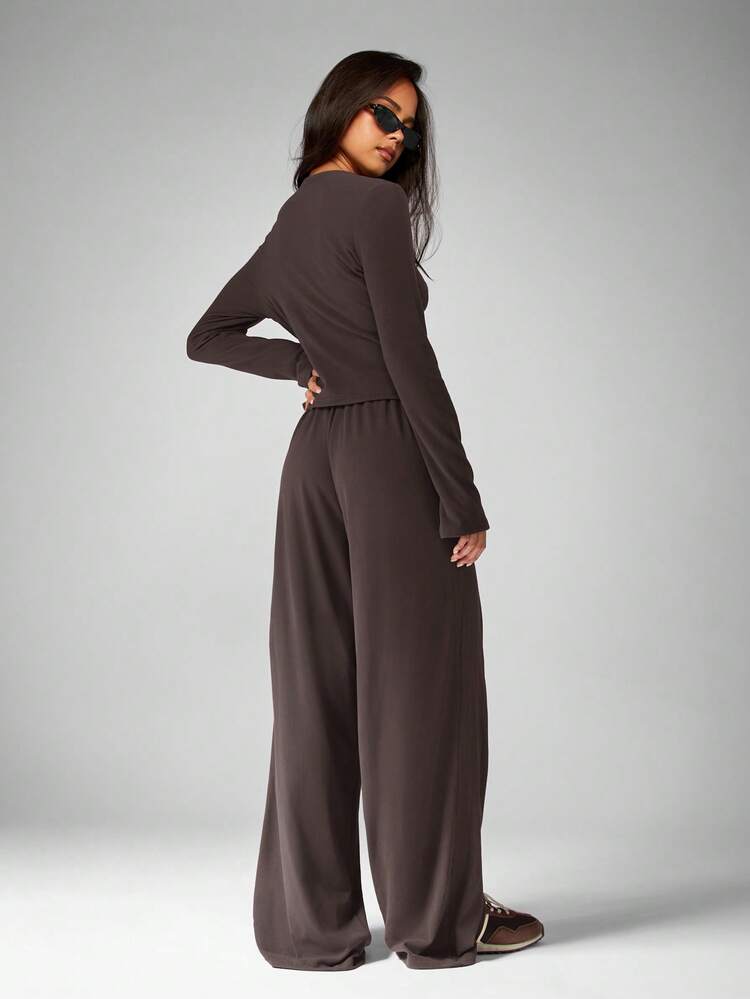 MISSGUIDED Soft Touch Two Piece Coordinated Set Long Sleeve Button Up Cardigan Wide Leg Pants Lounge Outfit