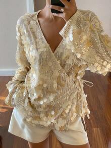 Livesso Áo kiểu sang trọng màu vàng/vàng sâm panh đính sequin, thích hợp cho tiệc tùng/đám cưới/các dịp trang trọng, có dây buộc, dành cho nữ mùa thu/đông và năm mới. - Vàng - Xem 6