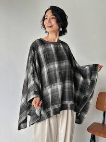 FRIFUL 女士格子圆领蝙蝠袖宽松休闲百搭常规外套，秋冬女式大衣 - 彩色 - 查看 4