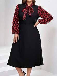 SHEIN Clasi Plus Size Black & Leopard Print Patchwork Dress, Elegant For Everyday Wear, Autumn/Winter - Red - View 6
