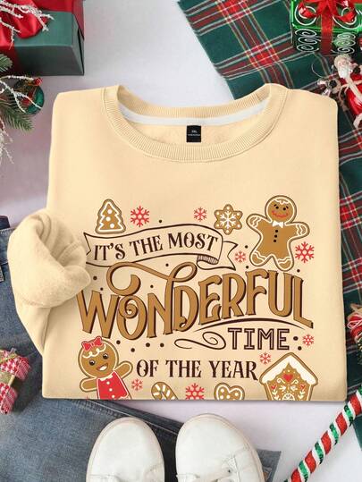 EMERY ROSE Plus Size Festive Christmas PrintSweatshirt - Cozy Polyester Crew Neck Pullover With "Lt's The MostWonderful Time Of The Year" Design, Machine Washable & DryCleanable, Ideal For Fall/Winter, Christmas Sweater