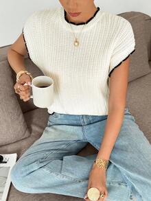 SHEIN Frenchy Women's Casual Everyday Commute Contrast Binding Batwing Short Sleeve Loose Sweater, Autumn/Winter,New Year Clothes  ,New Year Women , Winter  , Summer,Christmas , Party ,Elegant,Casual ,White, Black - Apricot - View 1