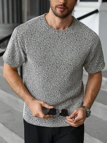 Manfinity Homme 男士成熟休闲圆领T恤，黑米色条纹灰色针织短袖T恤，男士休闲通勤T恤，印花T恤，男士图案T恤 - 彩色 - 查看 2