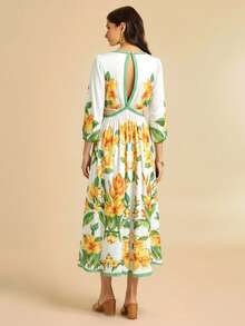 CAJUNI Women's Casual Vacation Tropical Plant Floral Green Leaf Yellow Green Beige V-Neck Hollow Out Long Sleeve Mid-Length Dress, Suitable For Dates, Elegant Graduation Dress, Outdoor Dress, Tropical Dress, Summer Dress With Sleeves, Resort Wear Women, Tropical Vacation Dress, Sundress With Sleeves - Yellow - View 2