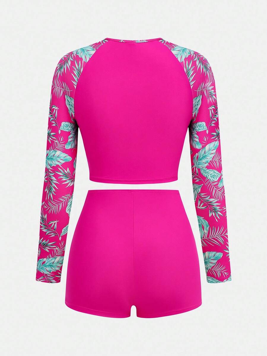 SHEIN Bộ đồ bơi tay Raglan in họa tiết cây nhiệt đới cho bé gái tuổi teen - Hồng - Xem 1