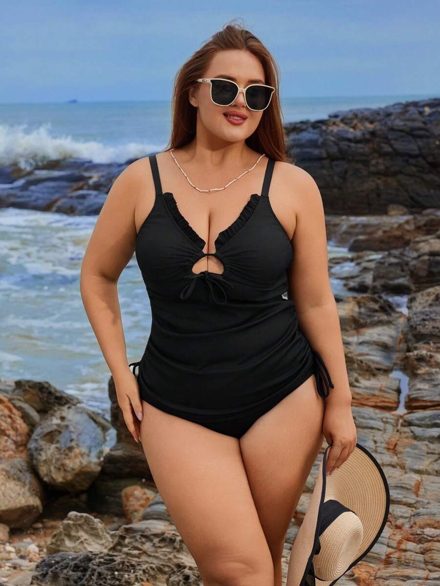 Swim Lushoire Plus Size Women Ribbed Fabric Chest Tie Strap Top Paired With Ruched Waist Slimming Elegant Casual Beach Pool Swimwear Set - Black - View 1