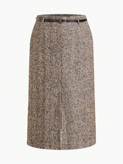 MOTF PREMIUM PLUS HERRINGBONE SPLIT HEM BELTED SKIRT