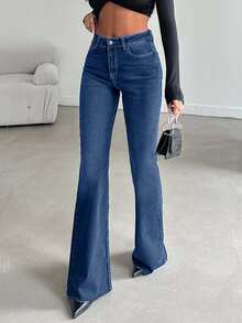 EURMUSE 99%Cotton Women's Flared Jeans With Pockets For Daily Commute And Versatile Outfits - Medium Wash - View 3
