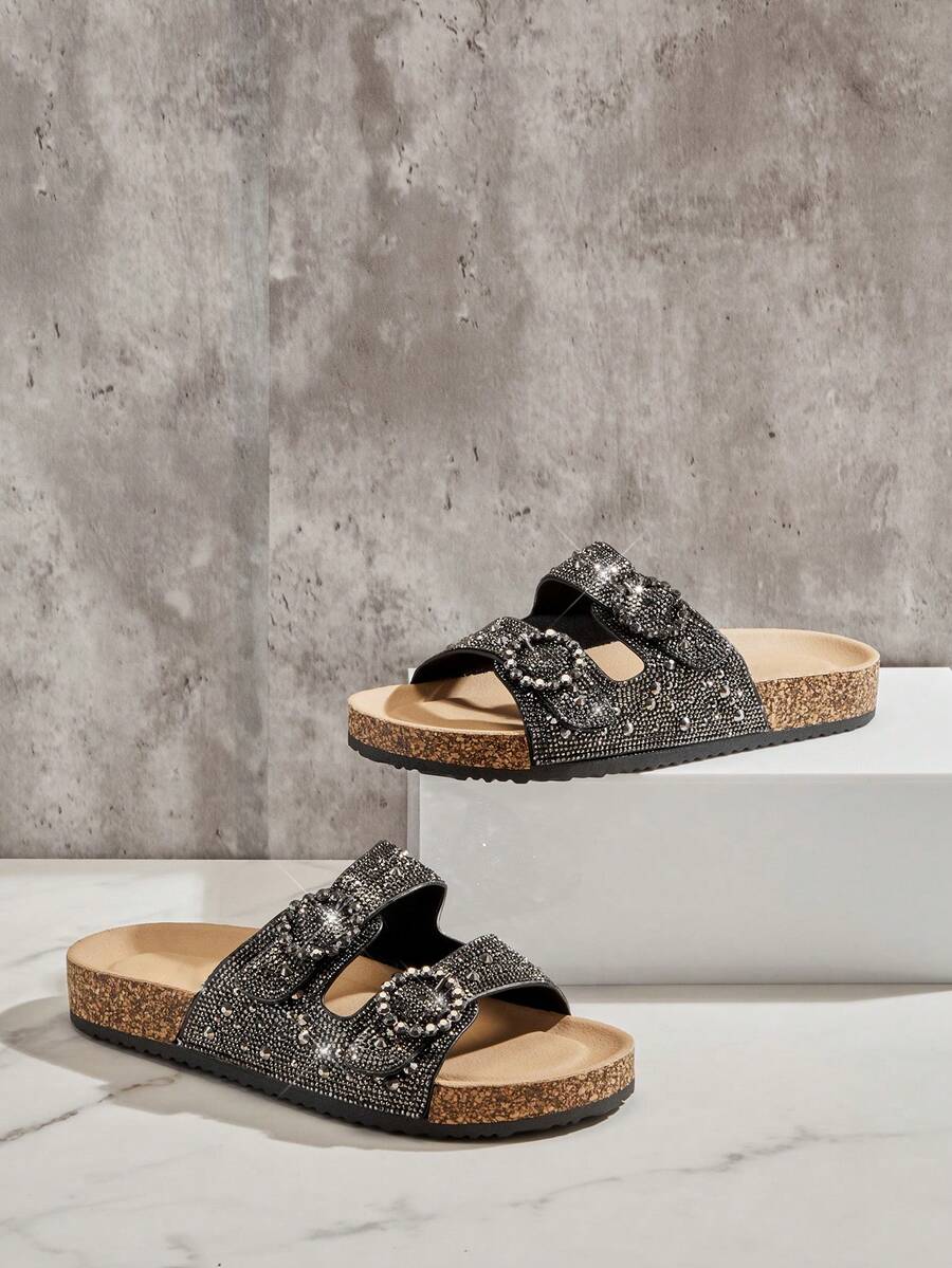 SHUZIA Giày sandal đế bệt hở mũi bằng bần đính đá lấp lánh, khóa kép dành cho nữ bán chạy nhất - Thoải mái, sang trọng, lấp lánh. - màu đen - Xem 1