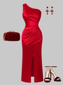 SHEIN Teen GirlHigh-Quality Bridesmaid Dress, Pleated Slit, Elegant For Weddings, Banquets, Birthdays, Performances