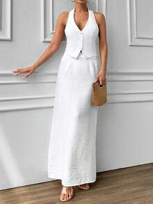 RueChic Button Front Blazer Vest, Vest-Jacket With & Skirt, Halter Neck Vest - White - View 1