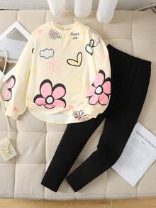 SHEIN 2 piezas Conjunto de top de manga larga y pantalones de color block casual de niña en negro - Multicolor - Ver 4