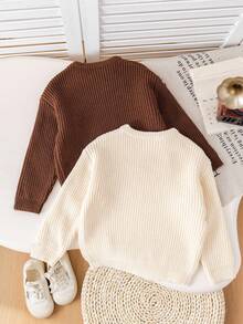 SHEIN 2pcs Young Boys' Brown & Khaki Textured Loose Fit Pullover Sweaters, Versatile For Back To School, Thanksgiving, Christmas, Winter, Cozy Fall & Winter Styles, Long Sleeve Tops - Apricot - View 2