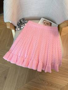 SHEIN Clasi 女装秋季新款纯色绳花图案经典设计休闲少女日常百搭宽松下摆针织毛衣裙 - 粉色 - 查看 3