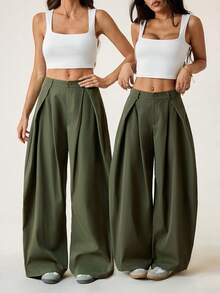 SHEIN EZwear 复古休闲街头风格宽松橄榄绿色弧形下摆加大码裤子，秋冬 - 墨綠色 - 查看 8