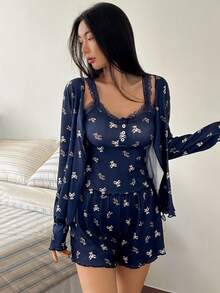 DAZY Bộ 3 áo cardigan và quần short in hình gấu dễ thương dành cho nữ - Màu xanh hải quân - Xem 5