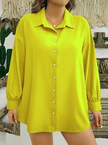 EMERY ROSE Plus Size Solid Color Drop Shoulder Long Sleeve Casual Button Front Loose Blouse For Women - Yellow - View 3