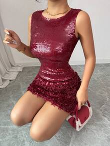 Rafferiza 女士优雅休闲假日圣诞亮片酒红色连衣裙 - 西瓜粉 - 查看 6