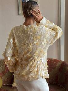 Livesso Áo kiểu sang trọng màu vàng/vàng sâm panh đính sequin, thích hợp cho tiệc tùng/đám cưới/các dịp trang trọng, có dây buộc, dành cho nữ mùa thu/đông và năm mới. - Vàng - Xem 5