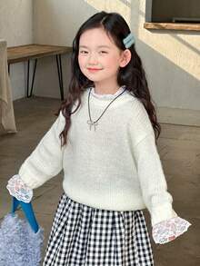 Dazy Kids Maglione a maniche lunghe con collo rotondo, con inserti in pizzo, per ragazze, autunnale - Beige - Visualizzare 4